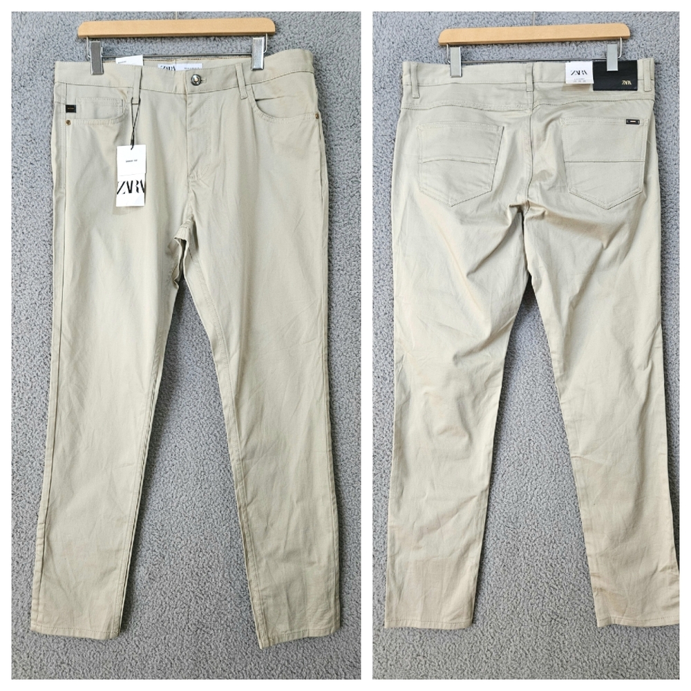 Zara Men's Beige Cream Khaki Chino Pants 36 x 31 Skinny Fit Flat Front Casual
